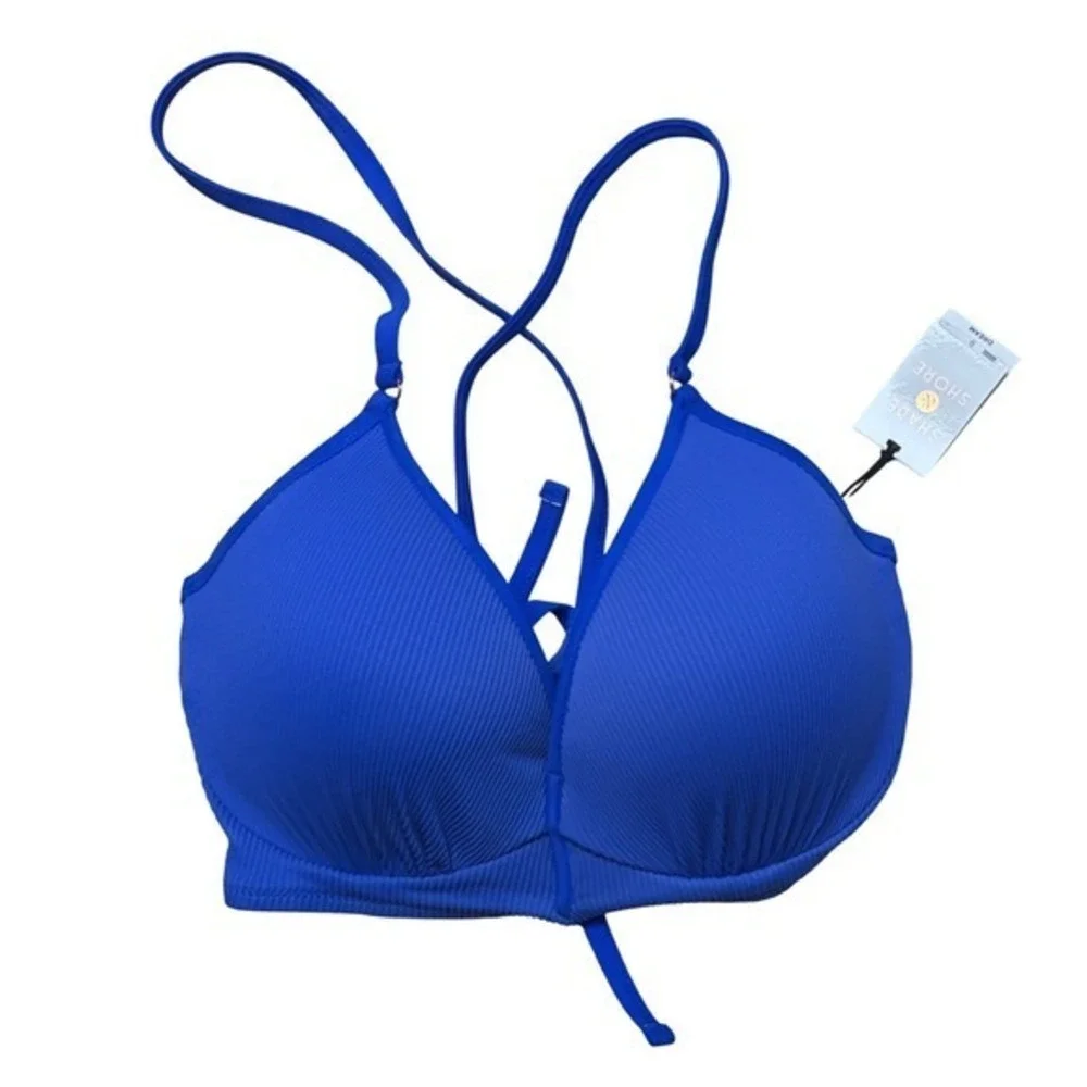 NWT Shade & Shore Cobalt Blue Ribbed Push Up Bikini Top 36B Underwire Swim